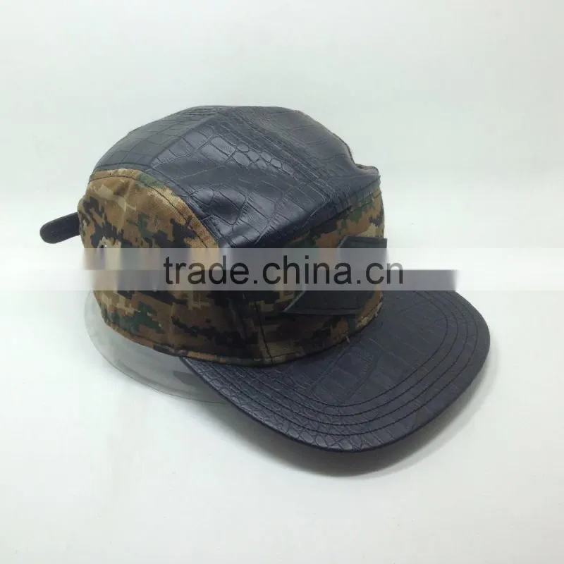 High quality flat brim black leather 5 panel hat with label