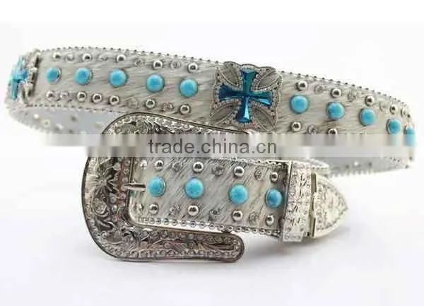 Cowgirl purple rhinestone cross crystal studded western leather hair belts