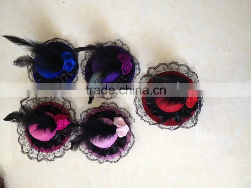 high quality colourful party feather mini top hat with black lace