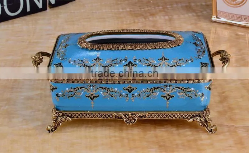 Luxury royal home appliance yellow color flower painting ceramic and brass decorative tissue box