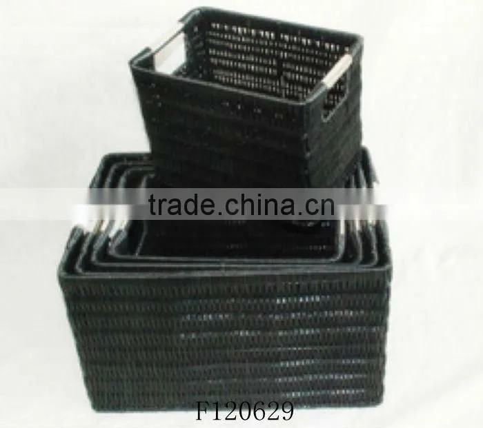 Set of Four Black Rectangle Plastic Storage Basket With Stainless Steel Handle