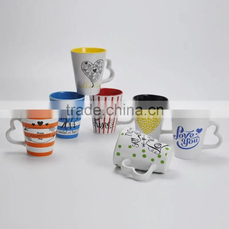 Heart Shape Handle V-Shape Ceramic Coffee Mug, Stoneware with Decal