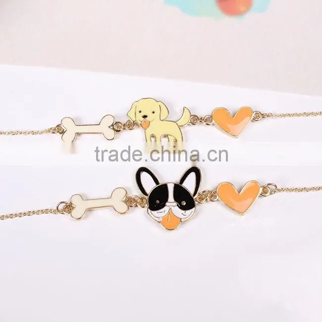lovely dog bone and heart charms bracelet enamel animal charms bracelet gold chain bracelet