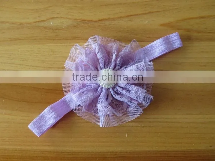 lace flower headband with pearl rhinestone in center for kids hair accessories