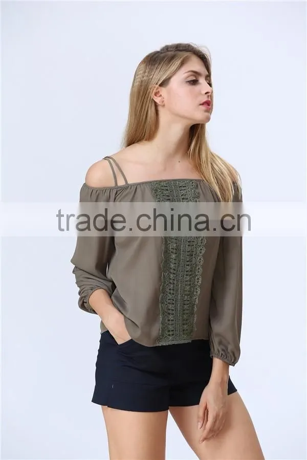 Women Fashion Casual Tops/Blouse with Embroidery Center Front Off-shoulder Design Accept Small Order Quantity