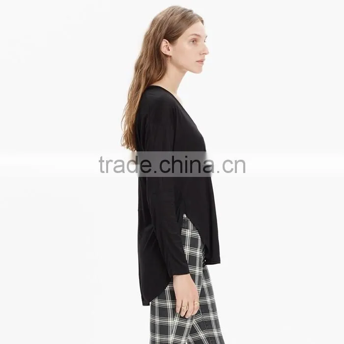 Black plain v neck long sleeve women t shirt