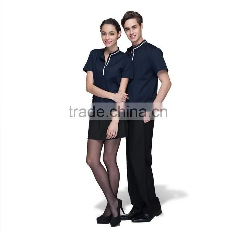Juqian 2016 custom factory price latest stylish navy cheap short sleeve summer Unisex hotel staff uniform designs in China