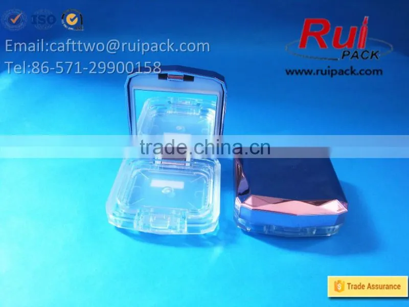 Clear square compact powder case with shiny metal cap, transparent pressed powder box with mirror
