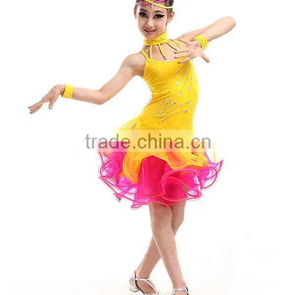 High level kids professional competition latin dance costume for girls Bright drill tassel Latin dance skirt