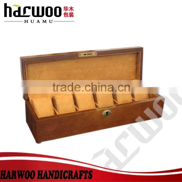 Six slot brown color wooden watch box,wooden watch packaging box,custom watch packaging box with lock