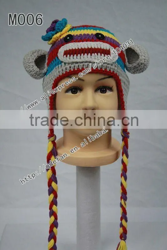 Hot sale !Free shipping 100% cotton crochet multicolor soft monkey hat / crochet beanie caps/ ny fashion hat/ winter hat