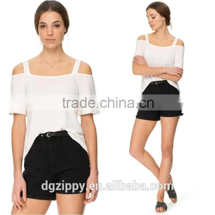 Latest Scoop Neckline Apparel Design Women Srappy Cold Shoulder T-Shirt