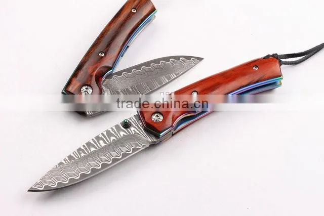 OEM Damascus steel pocket knife with survival rope