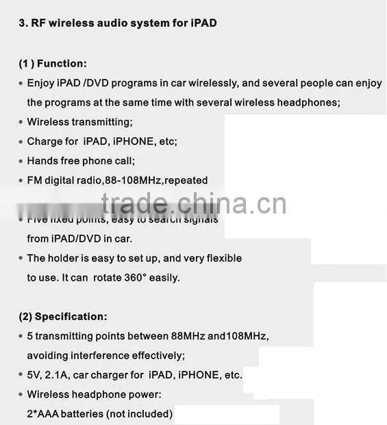 New hot selling In-car Wireless audio system headphones with FM transmitter charger and mount for ipad/iphone JH-105-1