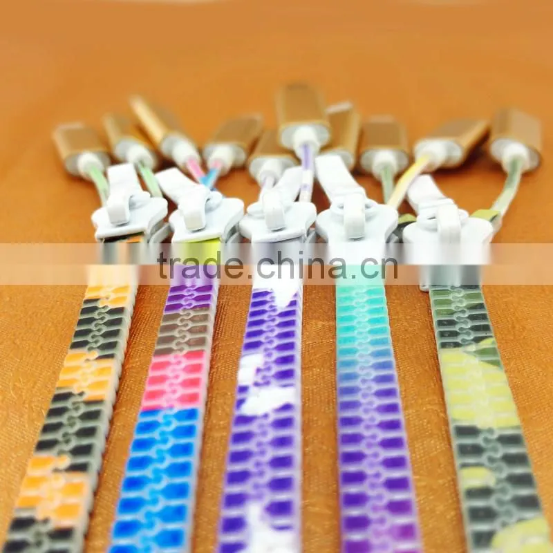 Top sell product colorful zipper usb cable illuminated fluorescent zipper cable 2 in 1 usb data cable
