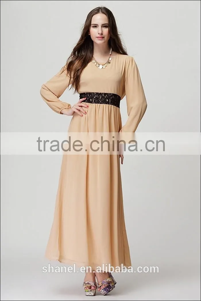 hot sale chiffon baju muslim abaya dress lace waist muslim kaftan abaya