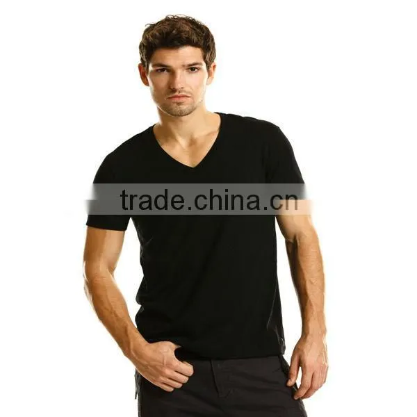 Custom design mens striped cotton plain black V-Neck T-Shirts