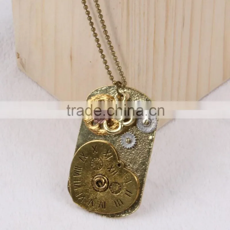 2015 yiwu fashion imitation jewelry hot sale steampunk necklace dog tag gear steam watch pendant cameo statement necklace