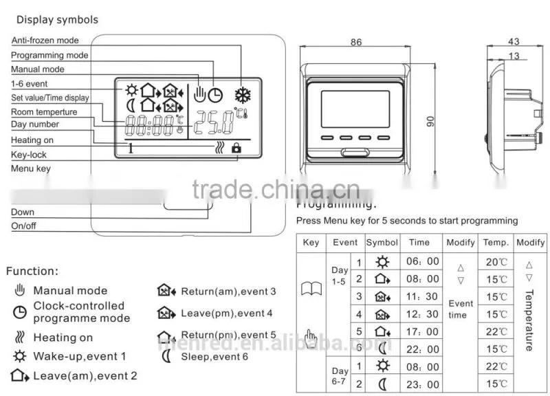 menred underfloor digital adjustable thermostat