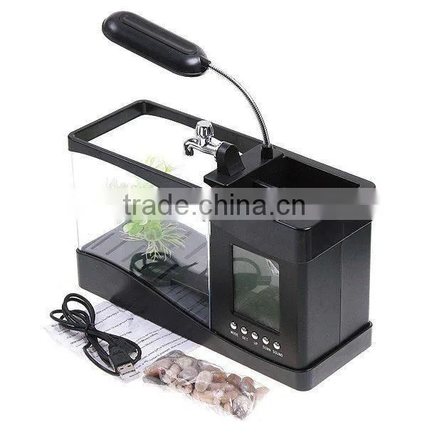 Mini Aquarium Fish Tank Penholder With Desktop LED Clock