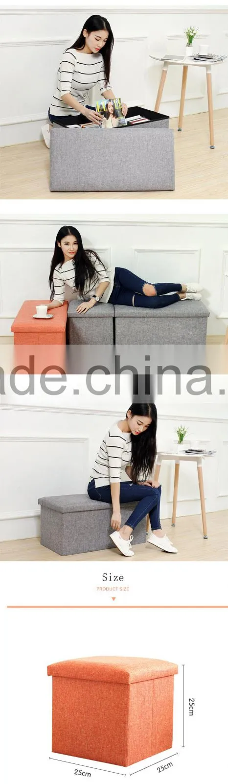 White square linen Folding Seat Foot Stool Storage Box