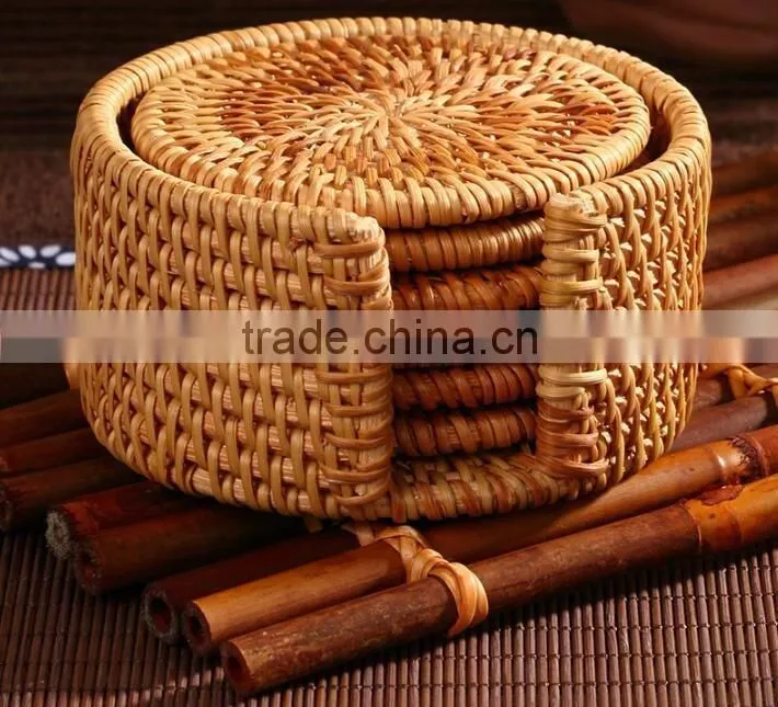 Handmade rattan cup holder / set of 6 rattan coasters made in Vietnam