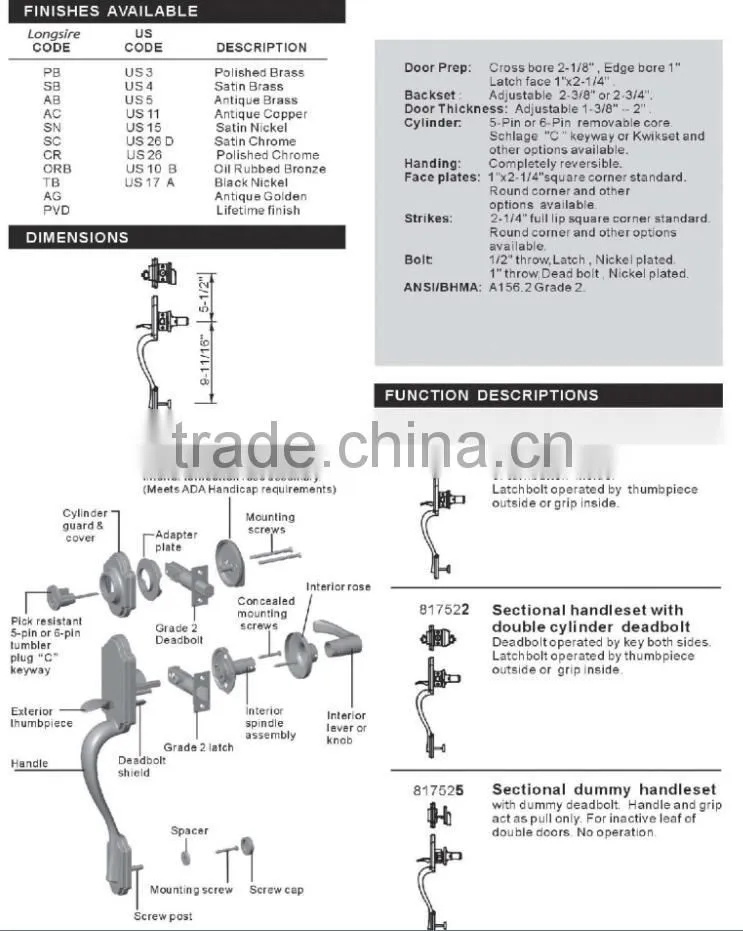 ANSI grade 2 brass hotel commercial residential door lever handleset lock