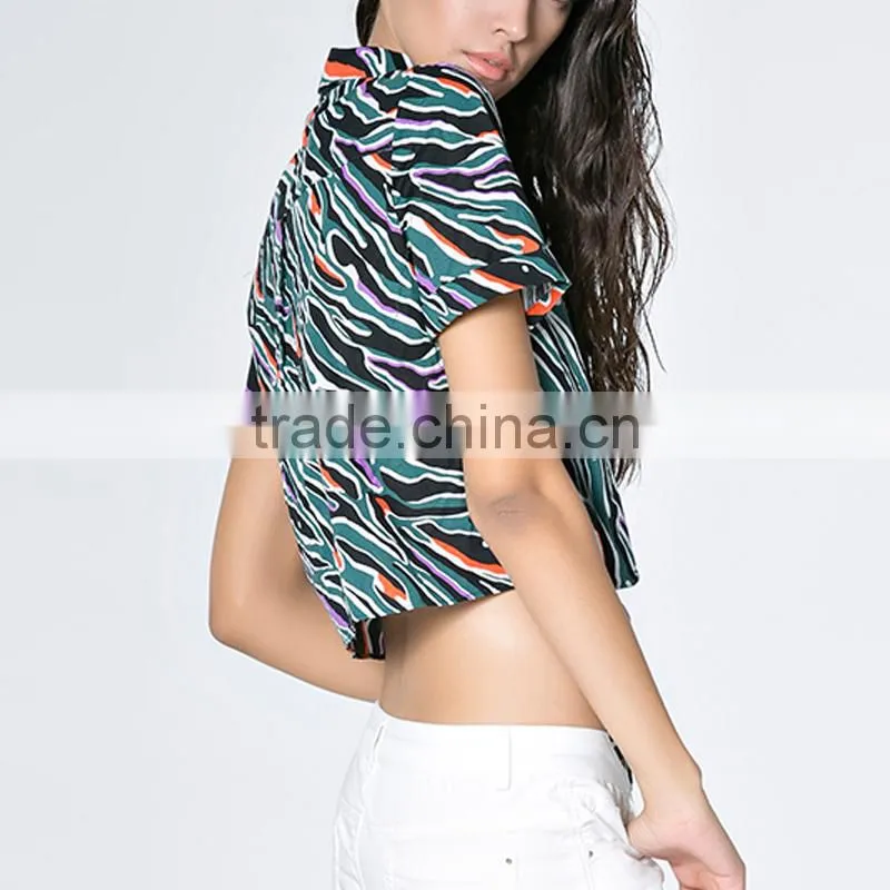 Custom OEM Service women all over printed swallow tail short sleeve lady blouse & top with stand collar