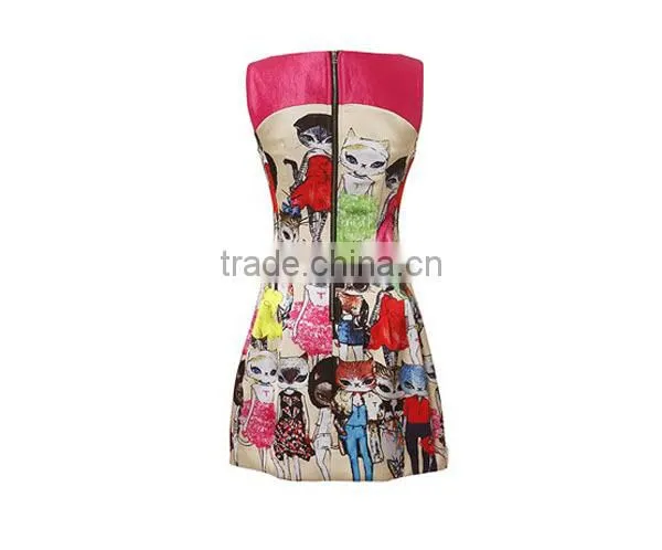 high-end fashion desig x-line cartoon printed square necked colourful girls party dresses