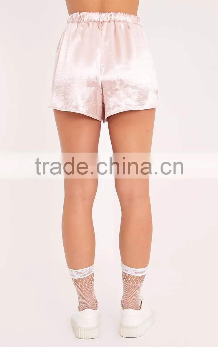MGOO High Waist Plain Blush Satin Shorts With Drawstring Elastic Waist Hot Shorts
