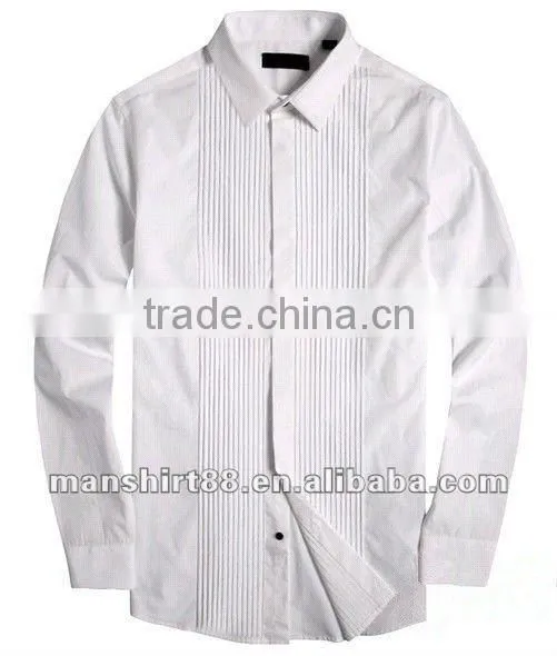 Exclusive style 100%Cotton men White tuxedo dress shirt with peaked collar and14 pleats each side