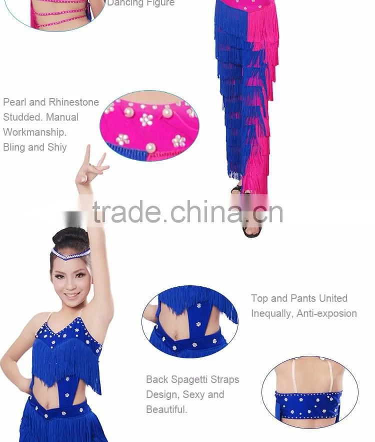 Professional Girls Fringed Latin Clothes&Pants Kids Ballroom Tango Salsa Dance Costumes