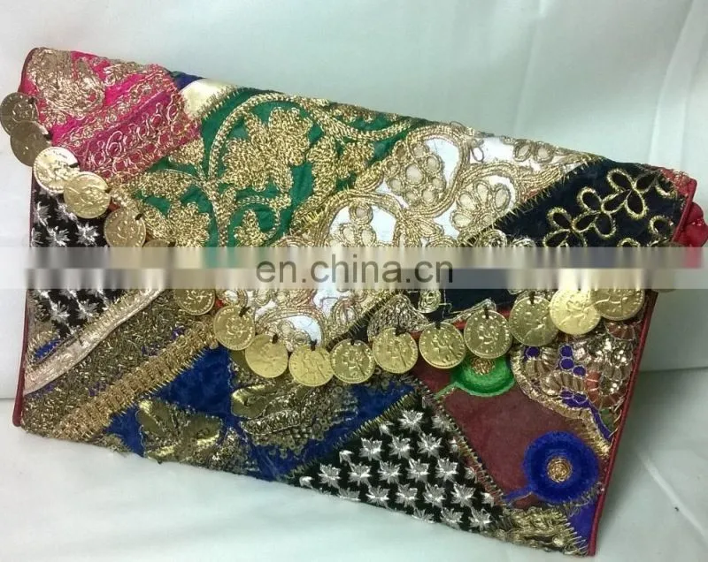 Trendy Rajasthani Zari Embroidered Traditional Indian Vintage Banjara Coin Clutch Tribal Ethnic Gypsy Clutch Handbag Pouch Bag