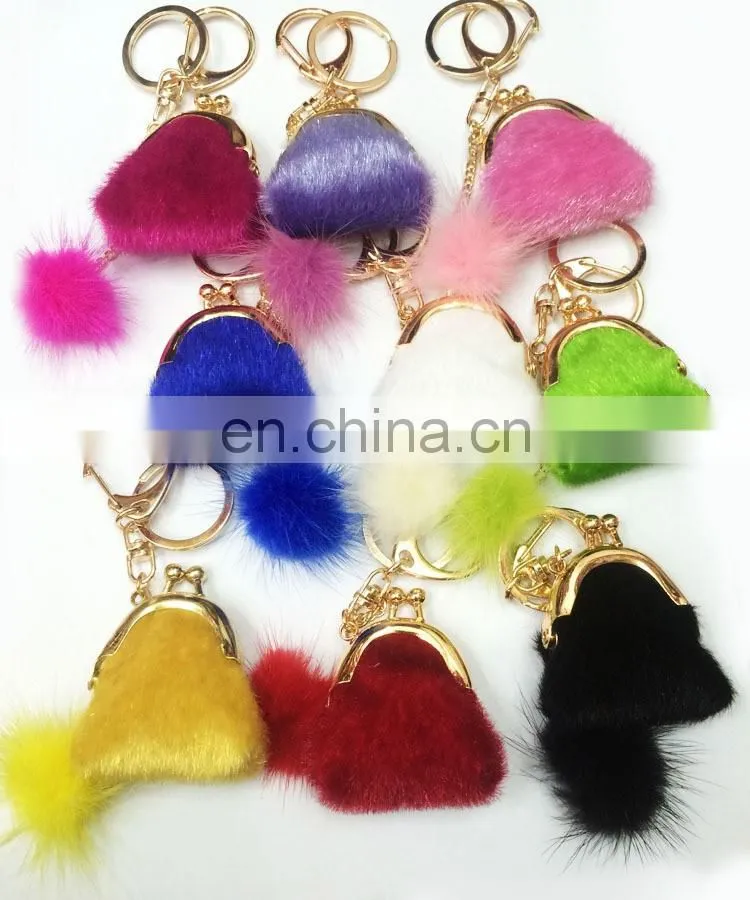 Wholesale woman bag pendant custom jewelry multicolor fur purse keychain