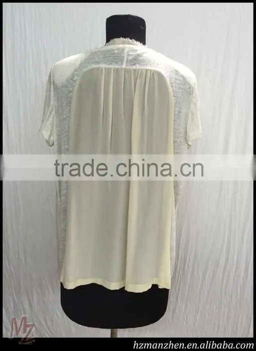 European fashion style round collar short sleeve sequined white blouse