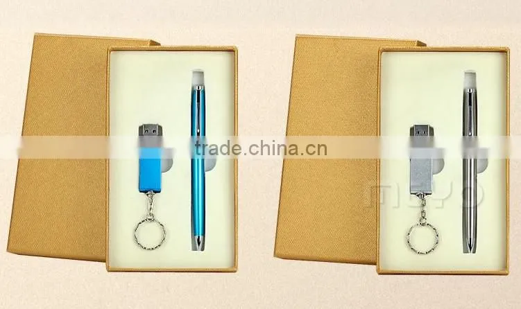 Corporaiton keychain usb flash drive and metal ball pen office gift set
