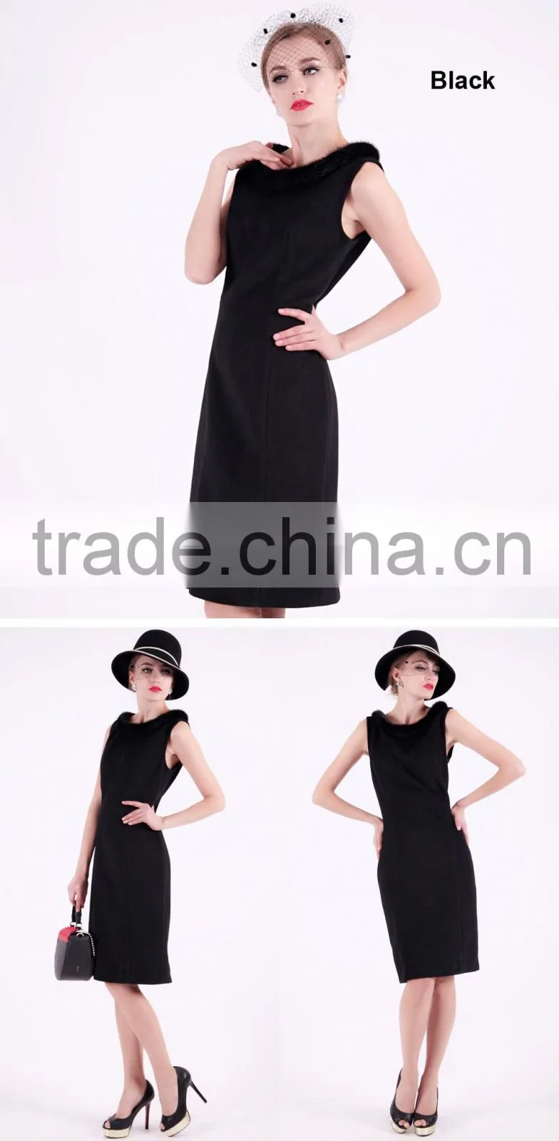 2016 New Design Spring Women Slim Fit Wool Skirt With Mink Collar