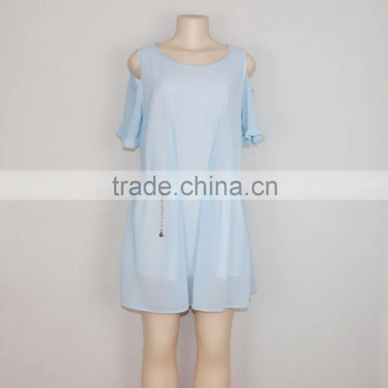 New Fashion Short Sleeve Women Sexy Blue Chiffon Dress Casual Dress 2016