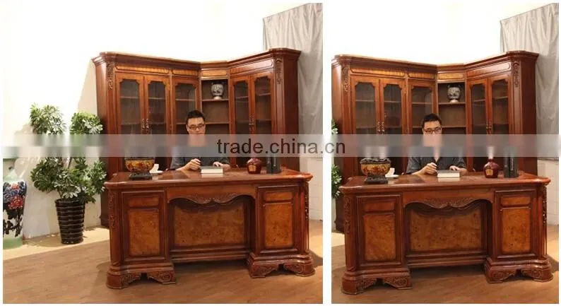 American style wooden bookshelf combination sideboard with glass door and handmade carving AI-202