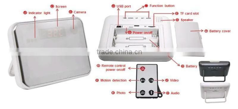 Motion Detection Remote Control digital clock camera,1280*960 Mirror home security camcorder clock,max 32GB JVE-3311G