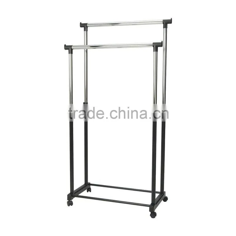 Double Clothes Coat Rail Garment Dress Hanging Display Stand On Wheels Shoe Rack