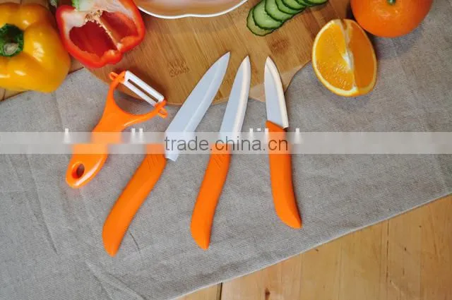 Elegant design handle in orange color ceramic knife fruit knife+paring knife+utility knife set in acrylic stand