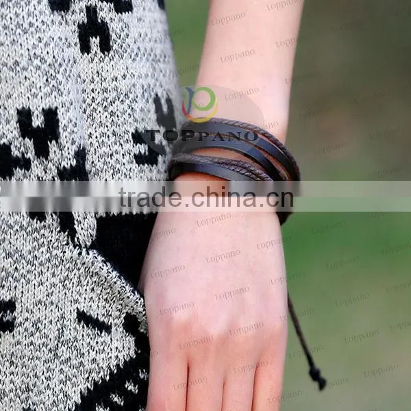 Top quality vintage style red and black stainless steel charm genuine leather bracelet for men
