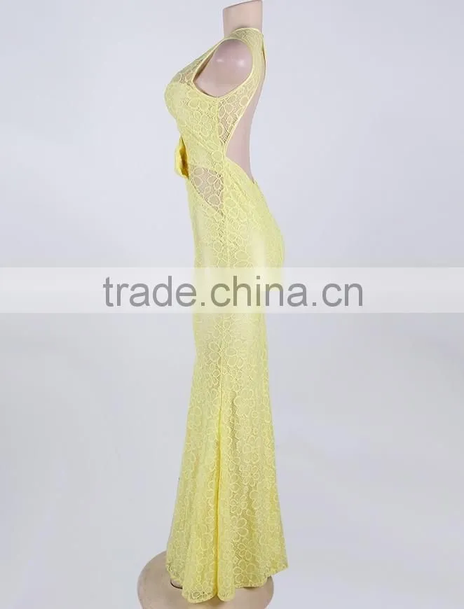 Beautiful Pattern Adult Women Party Wear Back Open Brilliant Yellow Mermaid Evening Dress