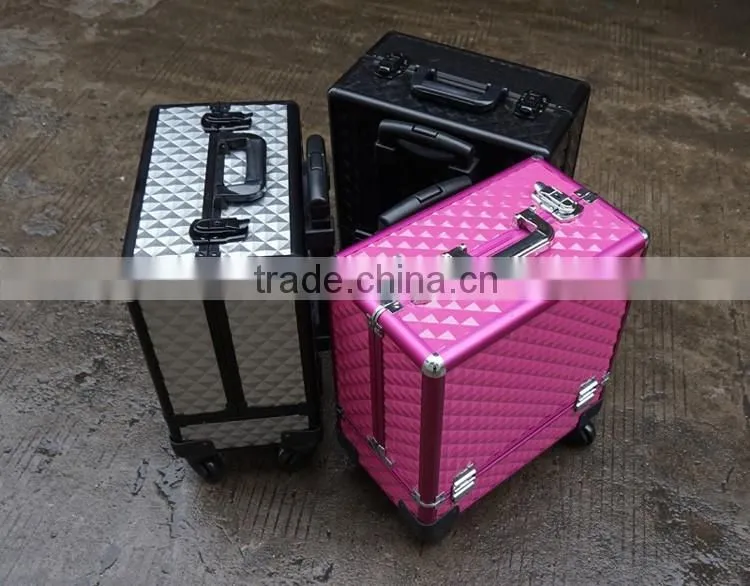 Professional Rolling Cosmetic Case w/ 8 Trays Black/Silver/Pink Diamond Aluminum(XY-877)