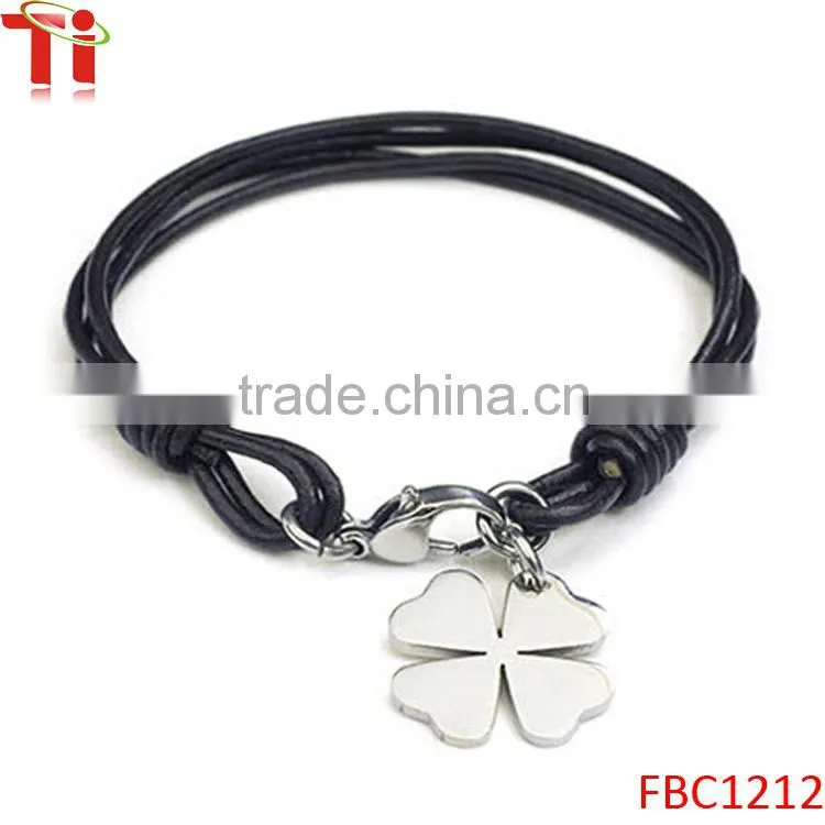 Men's "Vintage Casual" Four Leaf Clover Strand Leather Bracelet