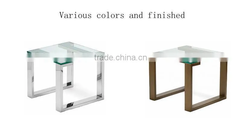 Square polished durable stainless steel living room end side table with glass