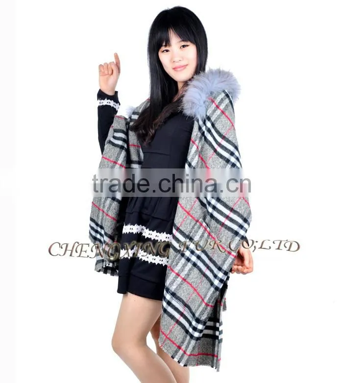 CX-B-P-39 Cheap Genuine Raccoon Fur Trim Pashmina Shawls Wholesale With Hood