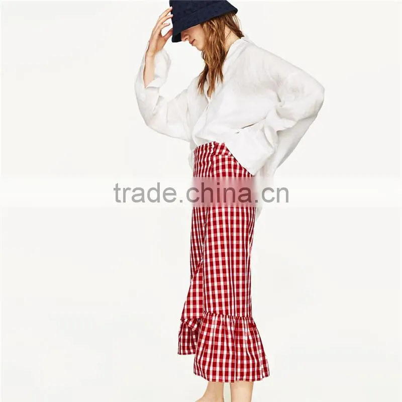 Latest ladies fashion wholesale high quality red plaid frilled skirt