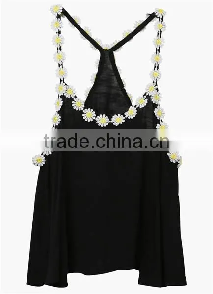 Black Daisy Embellished Lady Sleeveless Tank Top
